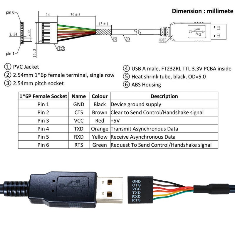 NITMTYOU USB to Serial TTL-232R-3V3 UART Converter Cable TTL 3.3V 6Pin Serial Cable +3.3V TTL Level UART Signals, Compatible with Windows Linux MAC OS, FT232 Chipset, 1.8m/5.9ft - Image 4
